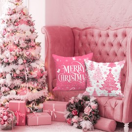 Lanpn 18x18 Pink Christmas Pillow Covers Set of 4, Christmas Decorations Pillowcase, Winter Decorative Pillow Case, Merry Christmas Tree Cushion for Indoor Home Bedroom Sofa Xmas Couch Decor