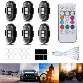 6PCS Wireless LED Strobe Lights with Remote Control, Wireless LED Warning Lights 8 Colors USB Charge IP65 Waterproof Anti-Collision, for Car Interior Motorcycle Bike Drone Car Truck RC Aircraft