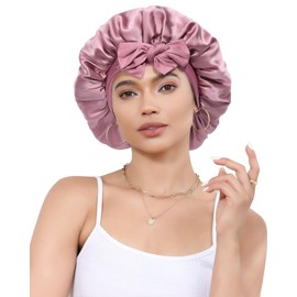 Satin Bonnet, Shower Cap for Women Silk Sleep Bonnets, Adjustable Satin Nightcap Soft Elastic Band Silk Bonnets for Sleeping, Hair Bonnet with Tie Band for Women (Pink)