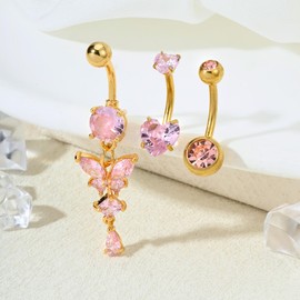 Briana Williams 3pcs 14G Belly Button Bar Ring Gold Stainless Steel Navel Piercing 10mm Pink Butterfly Heart CZ Belly Jewelry for girl women