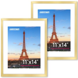 FIXSMITH 11x14 Picture Frame Set of 2, Photo Frame with HD Plexiglass, Display Pictures 8x10 with Mat or 11x14 Without Mat, Gold Picture Frames Collage Wall Decor, Gallery Wall Frame