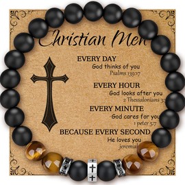 Religious Bracelet 8mm Black adjustable Beaded Cuff Charm Bracelets for son Husband Elegant Cross Bracelet (CM01 M Christian Men, M (6.6"-7.5"))