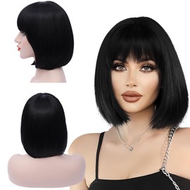 Black Wig for Women, Black Bob Wig with Fringe Straight, Natural Looking, Natural Synthetic Fiber Wig, Bob Wig with Fringe for Daily Use, Cosplay Party, Fancy Dress