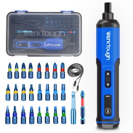 PowerTough 4v Mini Electric Cordless Screwdriver with 3-Gear Torque, 5Nm Power, 25pc Screwdriver Bits S2, LED Light USB Charging, Home Improvement
