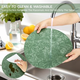Placemats Set of 6, Faux Leather Round Table Mats, Heat-Resistant Non-Slip Washable Place Mats for Dining Kitchen Outdoor, Boho Green