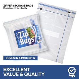 Zipper Storage Bags, (Pack of 12) 5 Gallon Resealable Food Storage Bag, Extra Large Zip Top Bags, Great Storage for Food, Clothing, Office Supplies & Travel Essential, 2 Mil Thick, Size 18"x 24"