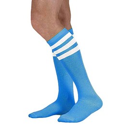 Colored Knee High Tube Socks with Colored Stripes (Neon Blue with White Stripes)