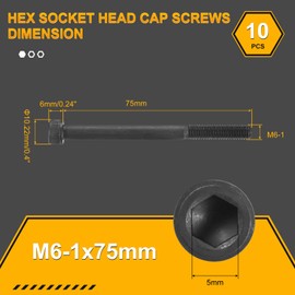 DTGN M6-1x75 Socket Head Cap Screws Bolts - 10Pack - Good for Road Bicycle, Mountain Bike, Auto, Motorcycle - Carbon Steel Hex Head Metric Screws, Black