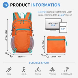 SUIKIHUM Hiking Daypack Packable, Camping Backpack Water Resistant Lightweight Polyester for Men Women Travel Outdoor, Orange