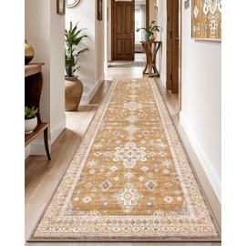LUMI Runner Rug 3x7, Washable Non-Slip Hallway Throw Rugs, Long Soft Thin Vintage Oriental Kitchen Mats, Low-Pile Indoor Kitchen Entryway Area Rug, Amber