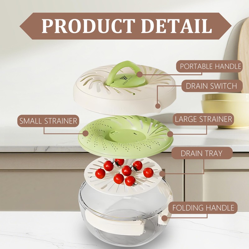 Fruit Washing Bowl with Strainer and Lid with Handle, Portable