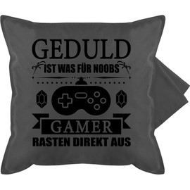 Shirtracer Cushion Cover – Statement Cushion with Sayings – Patience is What for Noobs – Gamer Snap Directly Out – 50 x 50 cm – Grey – Gamer Cushion with Saying for Gaming, Gift and Decoration