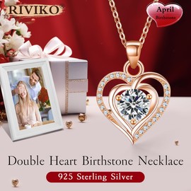 RIVIKO Heart Birthstone Pendant Necklace for Women 925 Sterling Silver Zirconia Rose Gold Plated April Necklaces Christmas Valentine's Day Mothers Day Jewelry Gifts For Her Mother Wife