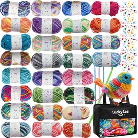 Crochet Yarn Double Knitting Wool (28X25g, 4-Ply), Multicoloured Acrylic Yarn Crochet Wool with Carry Bag, Aluminum Crochet Hooks Stitch Markers, Ombre Color Yarn for DIY Craft Blankets Socks Dolls