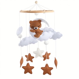 Mobile Baby Beds, Hanging Bed Bell, Baby Mobile Wind Chimes Snoozing Bear with Wooden Ring, Baby Mobile Felt with Felt Balls Wood for Baby Room Decoration, Changing Table (Brown)
