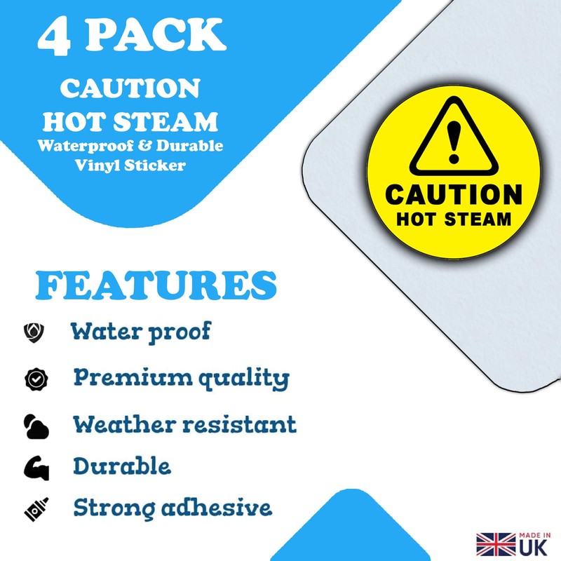 4 Pack - Caution Hot Steam Stickers - Waterproof Vinyl
