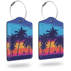 2 Pack Luggage Tags for Suitcases,Sunset Palm Tree Luggage Tag,Leather Stainless Steel Loop Label Tag for Women Men Girls Travel Bag Suitcase