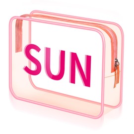 Shinylin Clear Makeup Bag 9.4"x7"x3.5" Pink Travel Toiletry Bag Large Cosmetic Pouch PVC Waterproof Transparent Zippered Organizer for Women Girl Summer Beach (Sun)