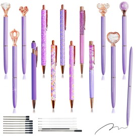 XingyLi 28 Piece Purple Crystal Diamond Ballpoint Pen Set, 14 Retractable Ballpoint Pens with Glitter Metal Crowns and 14 Black Ink Refills, Pretty Liquid Sand Shape Pens