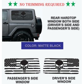 Compatible with Jeep Wrangler JL (2 Door) 2018-2025 Precut American Flag Window Decals Both Side Proudly Made in The US Matte Black (Punisher US Flag)