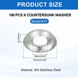 MECCANIXITY 100 Pcs #10 Countersunk Finish Washers, 304 Stainless Steel Cup Washer Gasket for Screws Bolts Machinery Construction, Silver