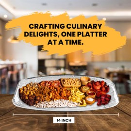 HOMESHOPA Aluminum Foil Disposable Oval Serving Platter 14 Inch, 20 Pack Silver Embossed Foil Food Trays, Oven and Food Safe, Lightweight Reusable Catering Plate for Party, Buffet