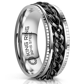 King Ring 8mm Super Spinner Ring – Premium Stainless Steel Fidget Ring for Men & Women K06 – Silver Black 7