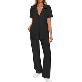 ZESICA Women's 2025 Casual 2 Piece Outfits Short Sleeve Blazer Jacket and Wide Leg Pants Loose Business Suit Sets,Black,Medium