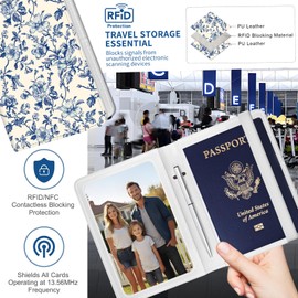 NUGGHU Passport Holder for Travel Essentials, Leather RFID Blocking Passport Wallet Cover Case, Cute Passport Book Holders for Women and Men Blue Boho Flowers