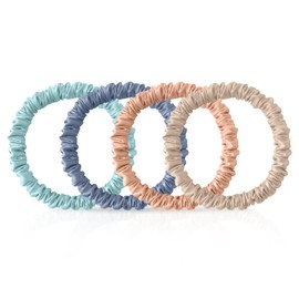 4Pcs Mulberry Silk Scrunchies & Hair Ties - No Crease Skinny Scrunchies Elastic Set for Women All Hair Types, Reduces Breakage (Coastal Tones)