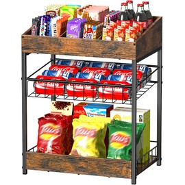 Kssiaz Candy Display Rack, 3 Tier Snack Rack Display for Countertop, Snack Organizer for Pantry, 6 Adjustable Compartment, Retail Display Shelf for Kitchen, Counter, Office, Brown