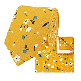 THE GENTS LAB 100% Cotton Diamond End Floral Print Neck Tie & Pocket Square Set (Mustard Yellow)