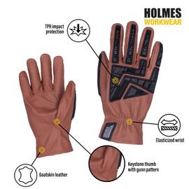 Holmes Workwear Performance Work Gloves, Durable Goatskin With Thermoplastic Rubber(TPR) Protection; Medium, Brown