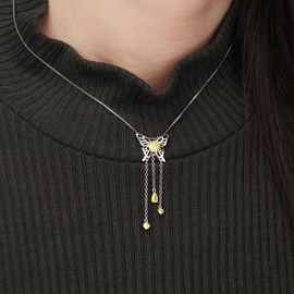 Butterfly Dangle Pendant Necklace - Woman 925 Sterling Silver Elegant Animal November Birthstone Yellow Crystal Necklace Jewelry Christmas Birthday Gift for Wife Mother DP0379W