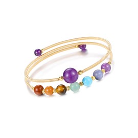 JSDDE 14K Gold Chakra Crystal Bangle Cuff Bracelet Healing Crystals Amethyst Gemstones Bead Double Bangle Bracelets Jewelry for Women Gift