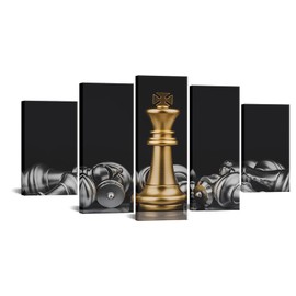 VANSEEING 5 Panel Chess Canvas Wall Art Prints King and Knight Game Picture Painting Black and Gold Artwork for Home Office Decoration Ready to Hang