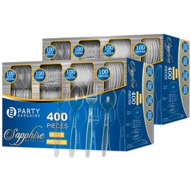 Party Bargains Disposable Cutlery Set Color: Clear Sapphire 800 Pcs: 200 Teaspoons, 200 Soupspoons, 200 Knives, 200 Forks, Heavy Duty Disposable Silverware Utensils Set for Wedding, Buffet, Luncheon