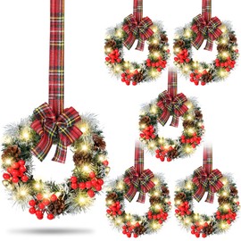 Yuxung 6 Pcs Cabinet Wreath with LED Lights Prelit Lighted Artificial Small Christmas Wreath Pine Cone Front Door Wreath with Bow Xmas Hanging Garland for Kitchen Window Wall(Red Black Checkered)