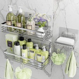 Orimade Adhesive Shower Caddy Soap Dish Holder Shelf with 5 Hooks Bathroom Organizer Basket Kitchen Storage Rack Wall Mounted No Drilling Stainless Steel - 3 Pack,Silver