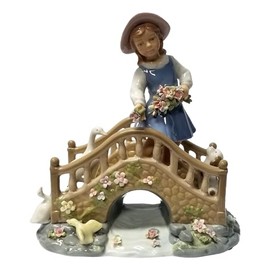 Hand Crafted Ceramic Girl Feeding Ducks On Bridge Music Box Décor Accessories