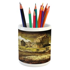 Ambesonne Medieval Pencil Pen Holder, Old Scottish Castle Vintage Style European Middle Age Culture Heritage Town Photo, Printed Ceramic Pencil Pen Holder for Desk Office Accessory, Grey Green