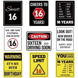 9pcs 16th Warning Birthday Party Decorations, Birthday Wall Signs Funny Tags Teenager Decor with Caution Logos for Sweet 16 Years Old Teen Boys & Girls Photo Props Door Window Posters