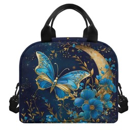 Butterfly Insulated Lunch Box for Women Blue Lunch Tote Bag with Strap Floral Reusable Cooler Bag for School Girls Kids Snack Box Container Pouch for Work Travel Meal Prep Bag