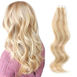 ABH AmazingBeauty Hair Pre Taped Remy Sun Kissed Highlighted Human Hair Double Sided Tape Hair Wxtensions Skin Weft, Invisible, Seamless, Dark Dirty Blonde with Platinum Ash Blonde P12-60, 22 Inch