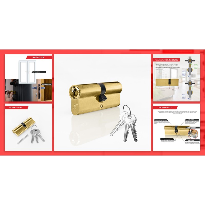 SIZAH Brass Euro Cylinder Lock 35/50 (85mm), Door Barrel Lock