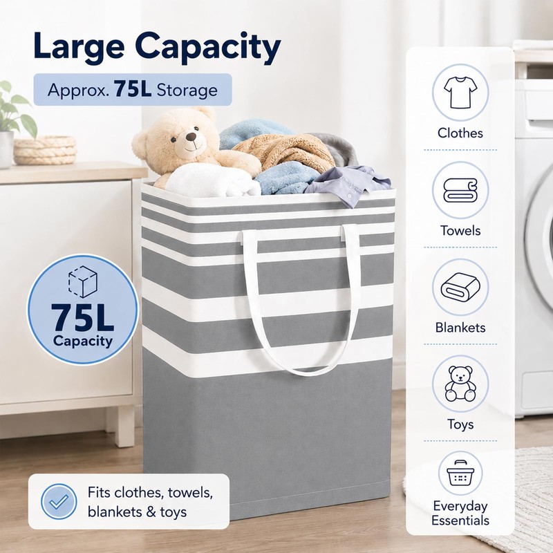 Collapsible Laundry Hamper Bag with Wooden Handles – 75L/20Gal Large