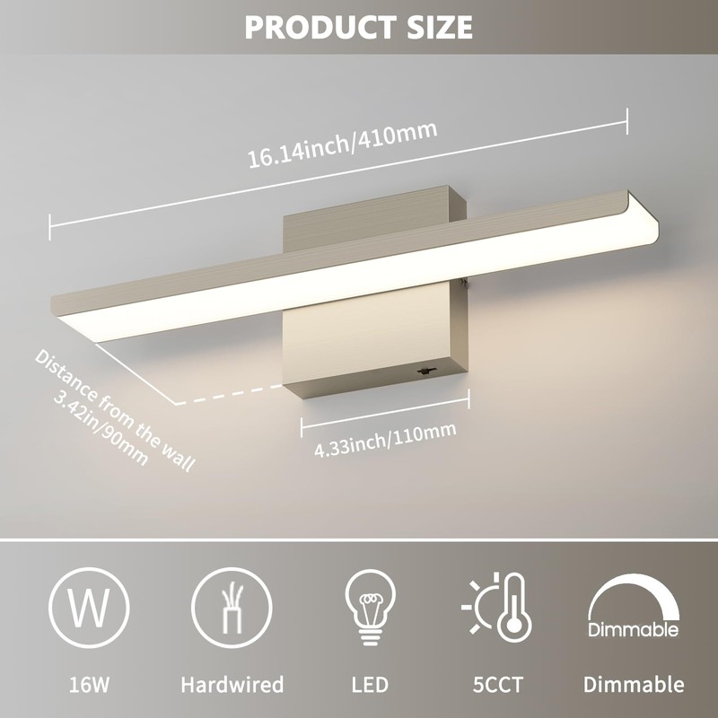 JUSHENG Brushed Nickel Vanity Lights for Bathroom Light Fixtures 5CCT