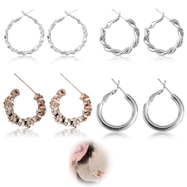 925 Sterling Silver Lightweight Silver Hoop Earrings,4 Pairs Sterling Silver