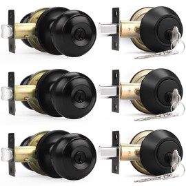 Probrico Entry Door Knob Lock Set and Double Cylinder Deadbolt Combination Set, Flat Black (3 Pack) Keyed Alike