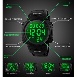 VDSOW Mens Sports Digital Watches - Outdoor Waterproof Sport Watch with Alarm/Timer, Big Face Military Wrist Watches with LED Backlight for Running Men - Black